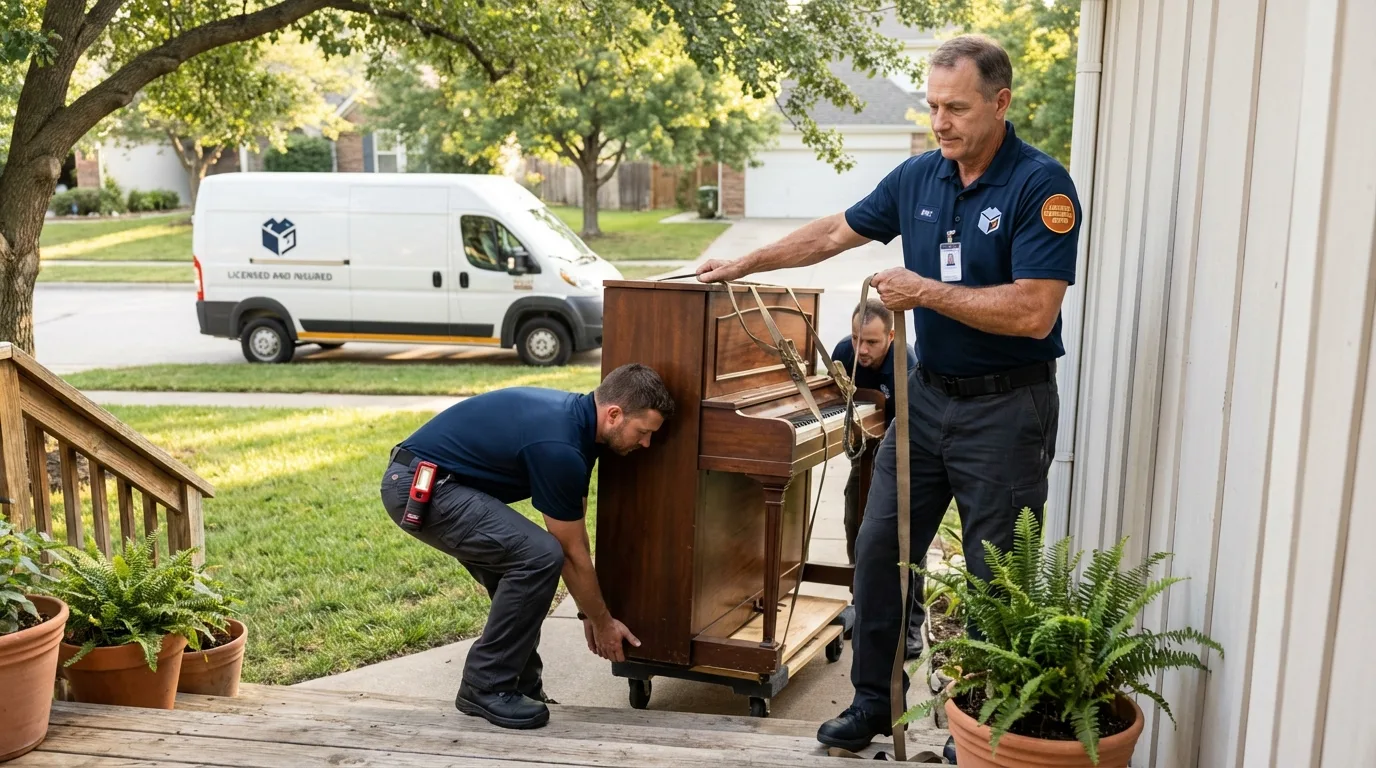 Licensed piano movers securing grand piano in Mason, MI
