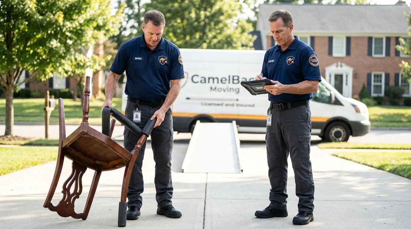 Movers inspecting furniture for damage prevention before loading in Mason, MI